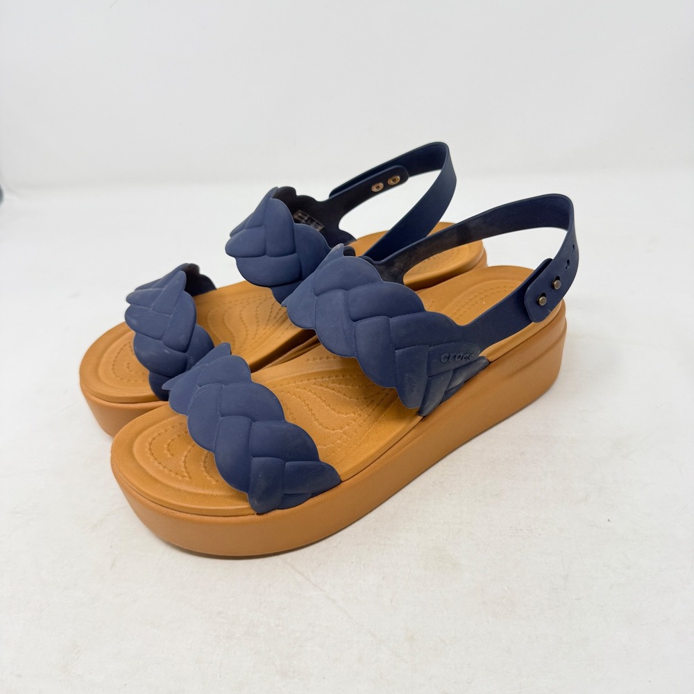 Crocs Brooklyn Braided Slide Sandals Navy Blue Size 9 Platform Wedge Boho Summer